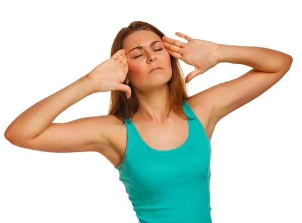 Trött kvinna smärta stress huvudvärk, hålla händerna bakom huvudet, — Stockfoto