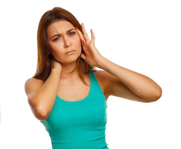 Kvinnan trött stress smärta huvudvärk, hålla händerna bakom huvudet, — Stockfoto