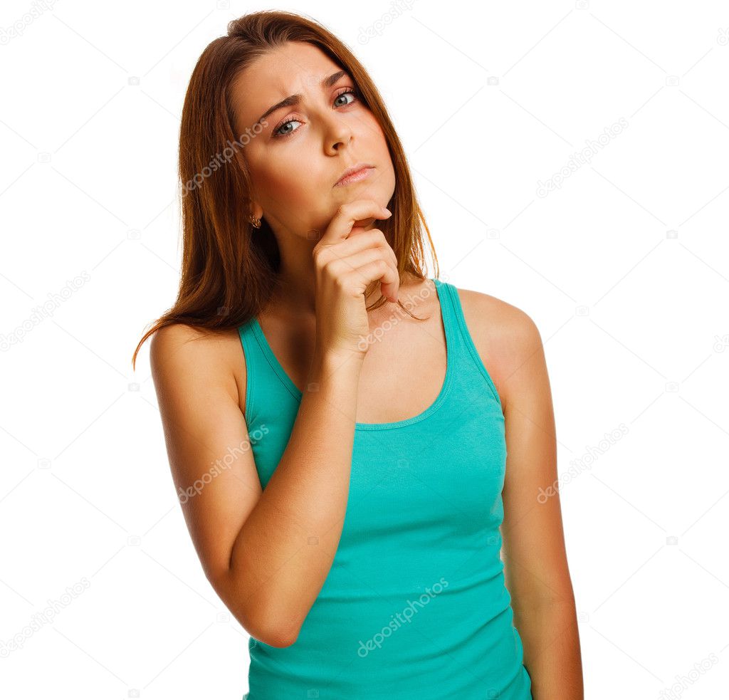 Girl frowning woman thinks women's thinking isolated on white ba