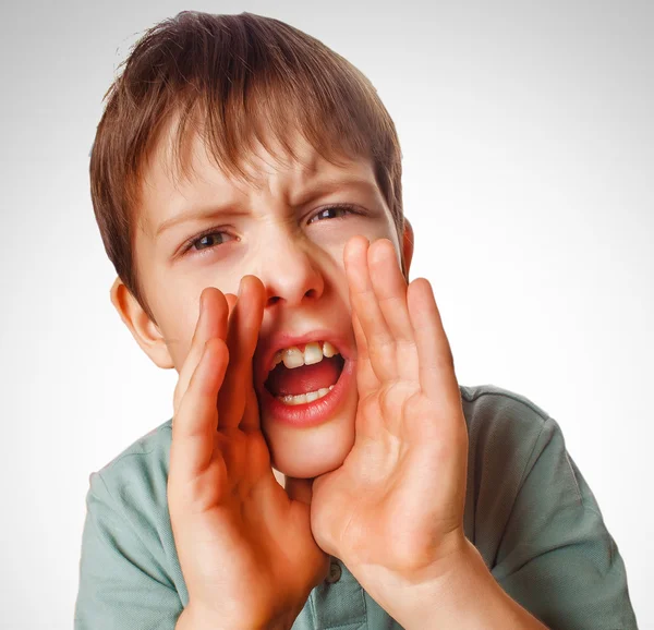 Boy teenager calling cries kids shouts opened his mouth isolated — Stock Photo, Image