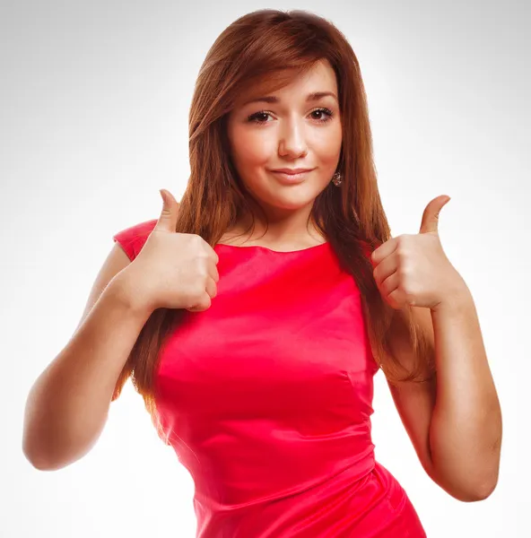 Brunette girl yes woman shows positive sign thumbs isolated emot — Stock Photo, Image