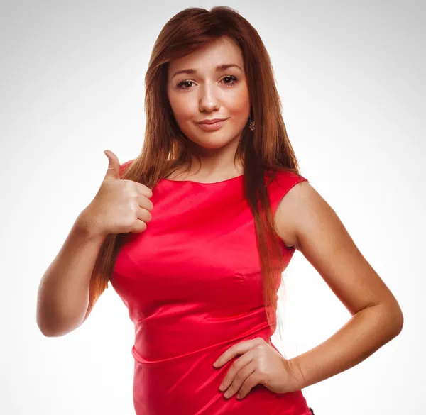 Ano bruneta žena dívka ukazuje pozitivní znamení palec izolované emotikony — 图库照片