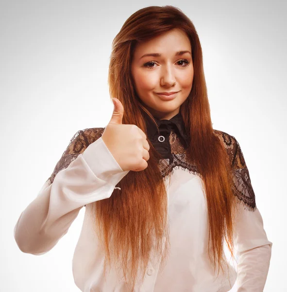 Kvinna känslor ung brunett flicka visar tecken på positiv så fingrar — Stockfoto