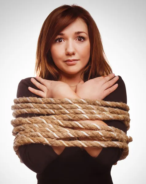 Woman prisoner tied rope hostage female bondage bound girl slave — Stock Photo, Image