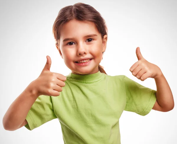 Baby girl raised her thumbs up isolated smiling symbol indicates — Stock Photo, Image
