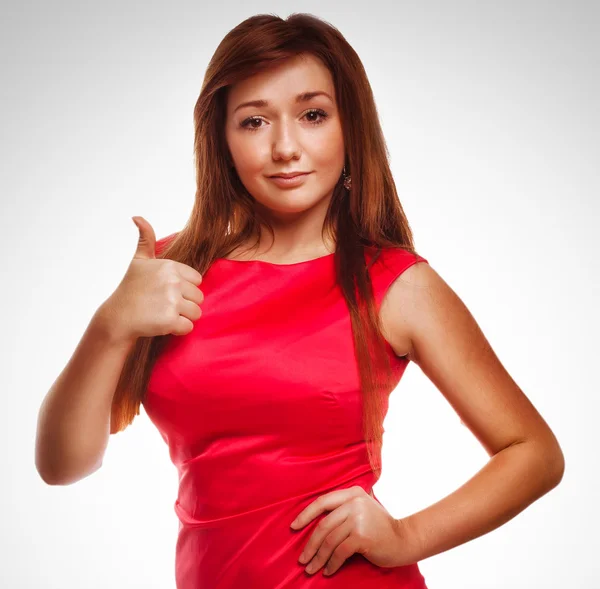 Девушка брюнетка женщина показывает положительный знак большие пальцы да изолированный emot — стоковое фото