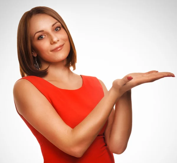 Feliz joven mostrando retrato mujer desnuda sosteniendo su mano i —  Fotos de Stock