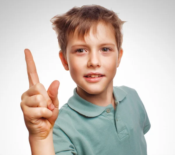 Kid blond boy shaggy raised thumbs up is good idea to come — Stock Photo, Image