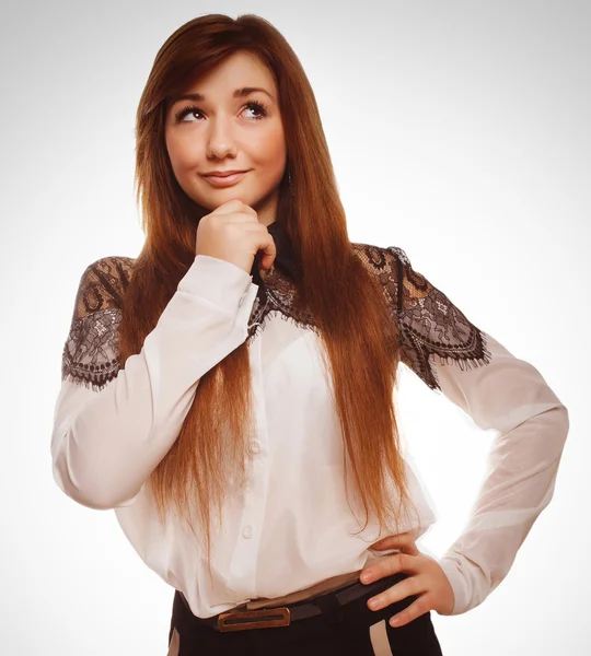 Woman brunette shows girl positive sign thumbs yes, isolated emo — Stock Photo, Image