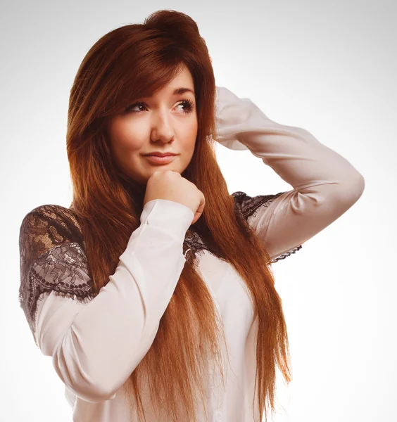 Woman looking up thinking isolated idea emotions brunette — Stock Photo, Image