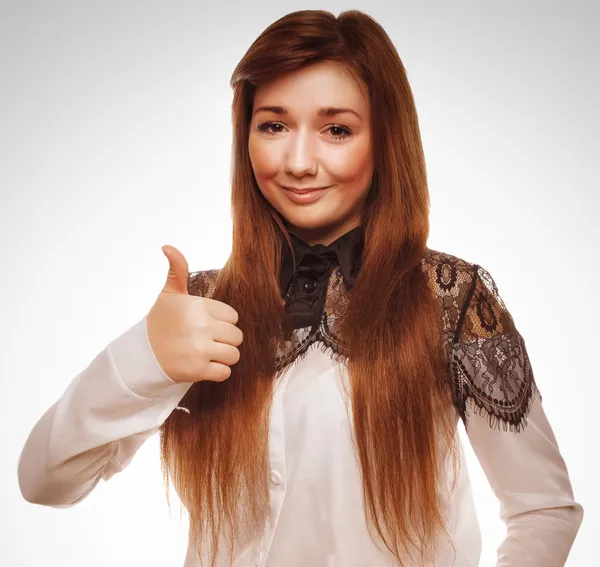 Woman young emotion brunette girl shows sign positive so fingers — Stock Photo, Image