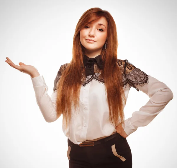 Young girl showing portrait happy woman holding her open hand is — Stock Photo, Image