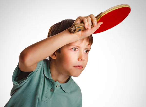 Blond ping pong man boy playing table tennis forehand takes tops — Stock Photo, Image