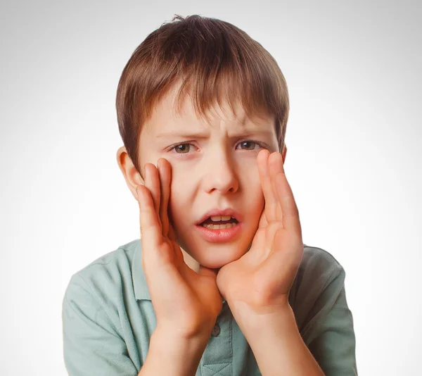 Boy calling kids cries shouts teenager opened his mouth isolated — Stock Photo, Image