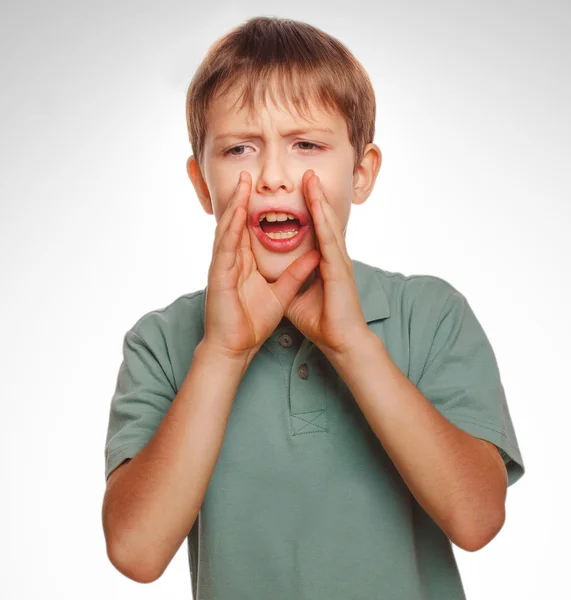 Calling boy kids cries shouts teenager opened his mouth isolated — Stock Photo, Image