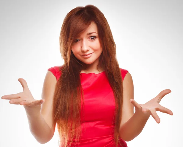 Dissatisfied angry young woman haired girl in red dress emotion — Stock Photo, Image