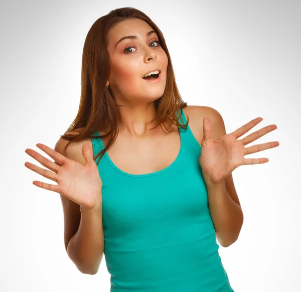 Excited girl surprised brunette woman throws up his hands opened — Stock Photo, Image