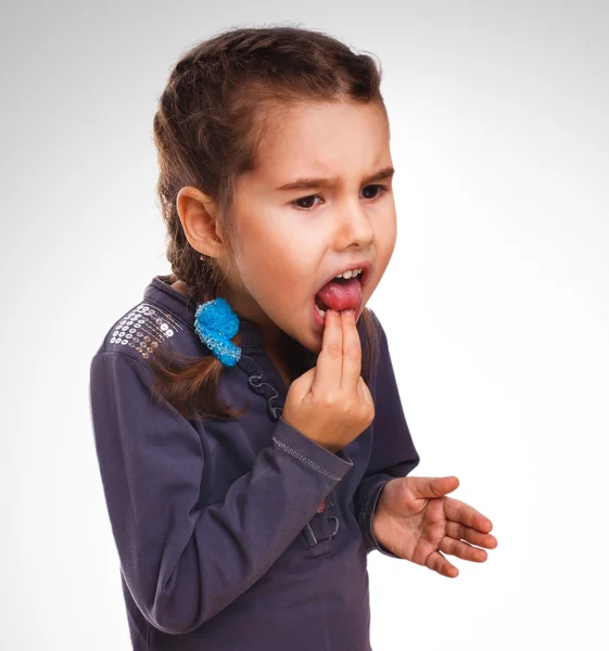 Girl child little anorexia bulimia vomits burps poisoning isolat — Stock Photo, Image