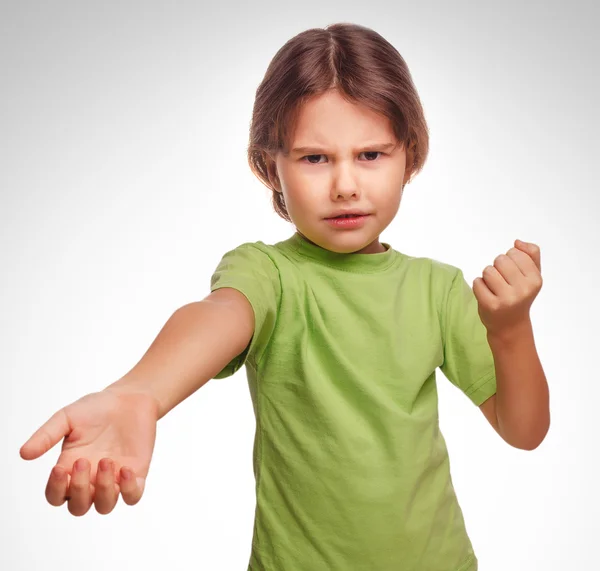 Girl teen swears evil expression dissatisfied quarrel isolated o — Stock Photo, Image