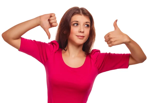 Girl woman positive shows signs yes and no, hand fingers isolate — Stock Photo, Image
