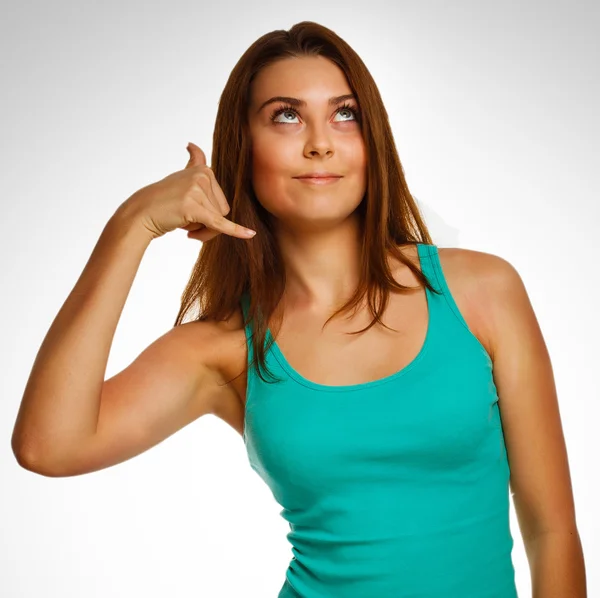 Girl woman shows gesture phone call isolated on white background — Stock Photo, Image