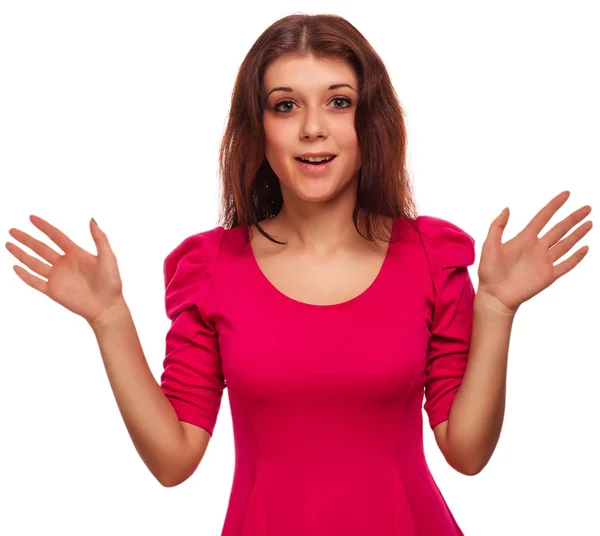 Woman excited girl surprised brunette throws up his hands opened — Stock Photo, Image