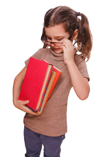 Žena učitelka s brýlemi čtení knihy student izolované na wh — Stock fotografie