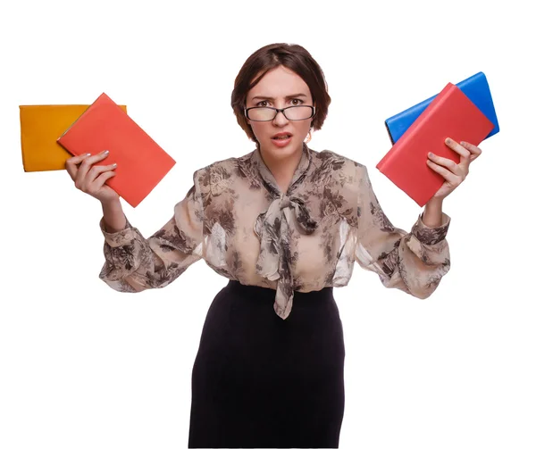 Mujer profesora enojada en gafas con libros aislados en la espalda blanca —  Fotos de Stock