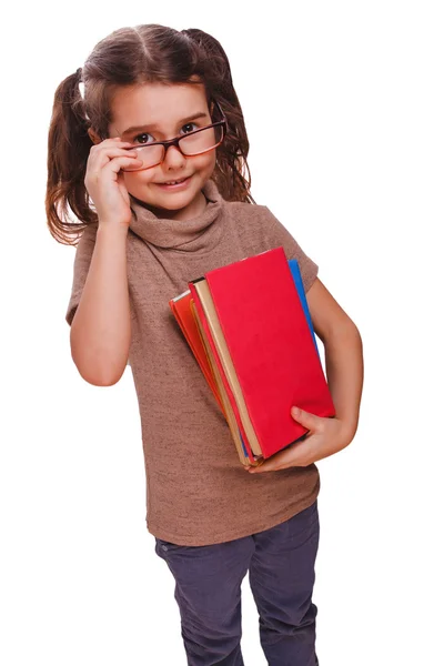 Baby girl bruneta brýle čte kniha drží usmívající se izolované — Stock fotografie