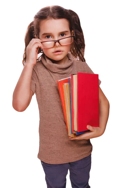 Verrast tiener meisje bang, verward kind met boeken school — Stockfoto