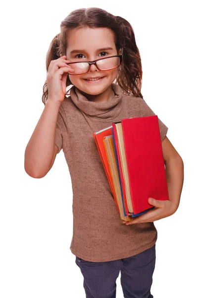 Dívka bruneta brýlí dítě čte že kniha drží usmívající se izolát — Stock fotografie