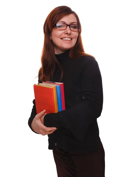 Mujer morena gafas estudiante chica profesora lectura libro aislar —  Fotos de Stock