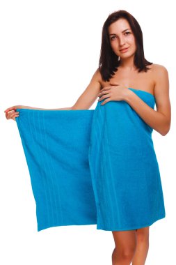 Mavi havlu banyo sonra kadın esmer kıvırcık ince ince kız ve