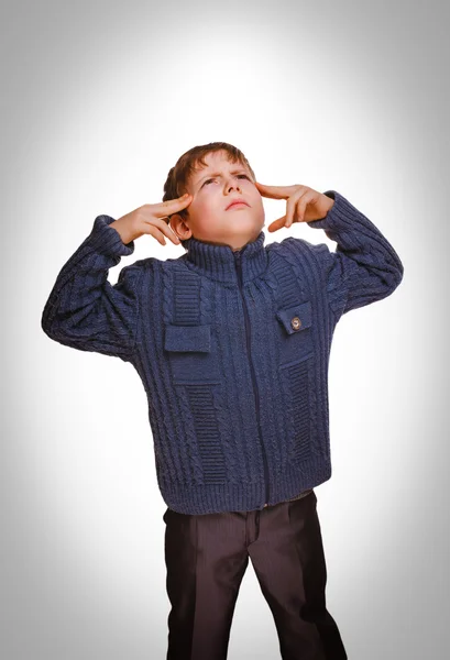 Gray teenager boy baby covered his ears screaming and closed eye — Stock Photo, Image