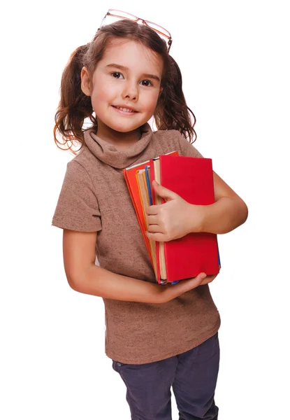 Brünettes Mädchen mit Brille Baby liest das Buch weiter isoliert lächelnd — Stockfoto