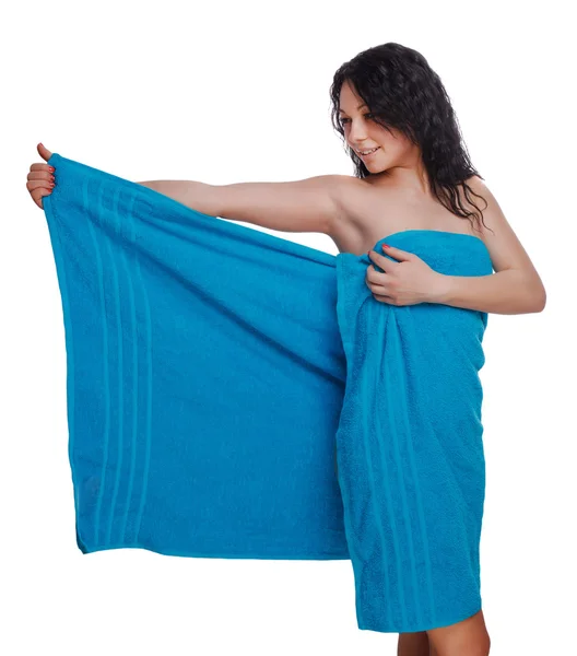 Brunette woman slim curly thin girl blue towel after bath — Stock Photo, Image