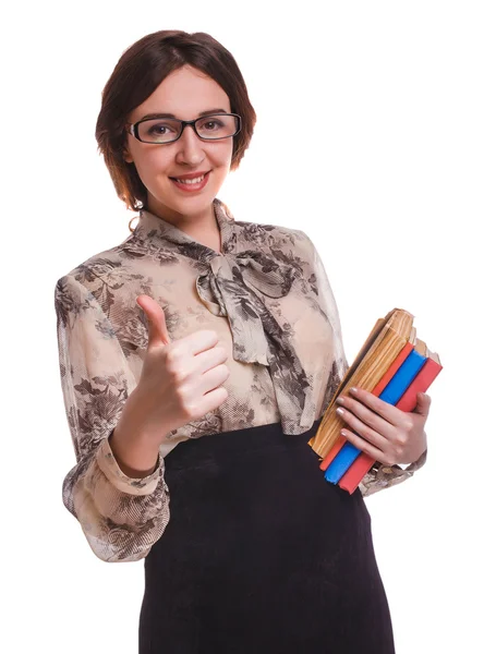 Eccentrico bruna donna insegnante con occhiali lettura di un libro isolato — Foto Stock