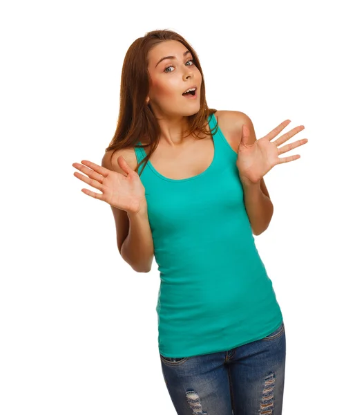 Surprised woman girl opened her mouth shrugs saw surprise isolat — Stock Photo, Image
