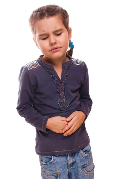 Sick little child girl in pain stomach, belly aches and cramps d — Stock Photo, Image