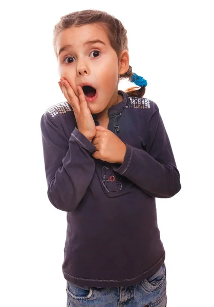 Teen scared girl child opened her mouth feels fear and horror is — Stock Photo, Image