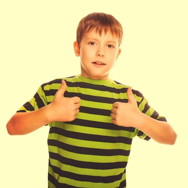 Blond toddler boy in a striped shirt, holding his fingers up, sh — Stock Photo, Image