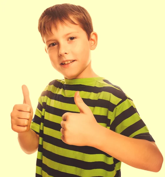 Blond child toddler boy in striped shirt, holding his fingers up — Stock Photo, Image