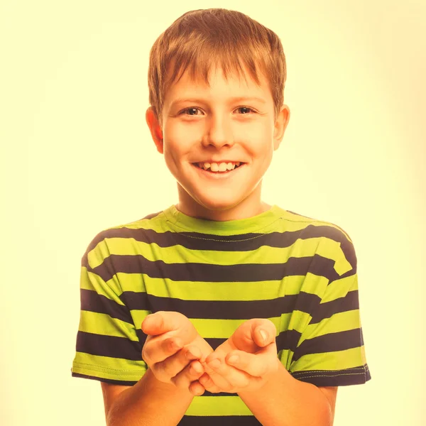 Boy child teenager blond open hand palm isolated on white studio — Stock Photo, Image