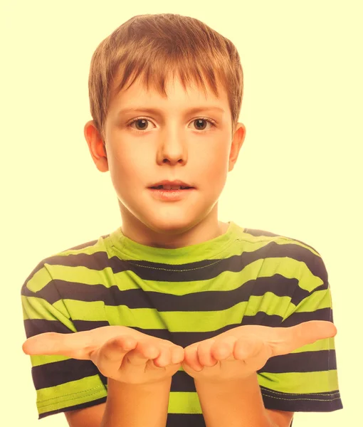 Boy child teenager blond open hand palm isolated studio backgrou — Stock Photo, Image