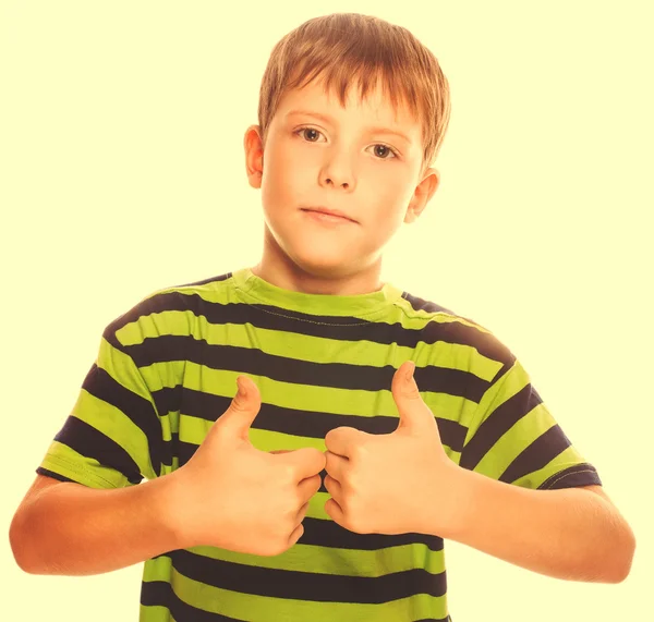 Boy striped blond child toddler shirt, holding his fingers up, s — Stock Photo, Image