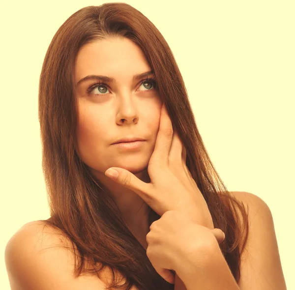 Brunette perfect girl up looking portrait women skin hands eyes — Stock Photo, Image