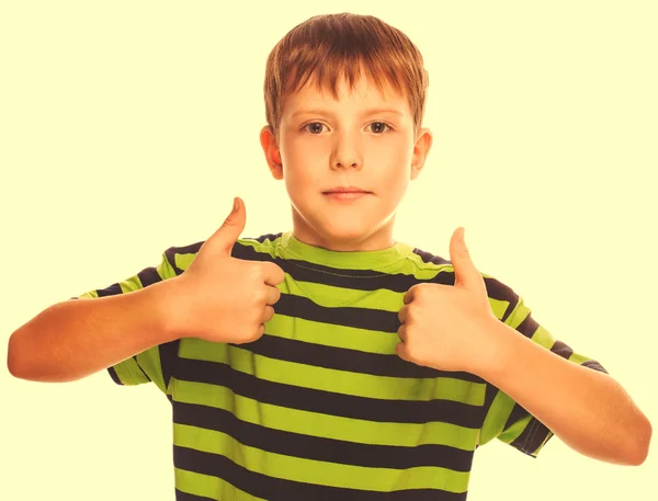 Child boy toddler striped blond shirt, holding his fingers up, s — Stock Photo, Image