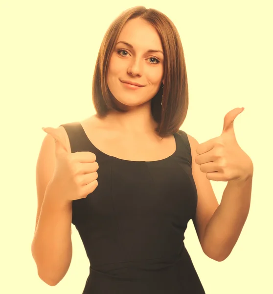 Jovem feliz menina um mostra positivo estúdio sinal polegares sim , — Fotografia de Stock