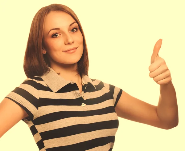 Portret fericit femeie tânără fată arată semne pozitive degete da , — Fotografie, imagine de stoc