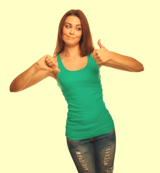 Woman girl in shirt shows signs of yes and no, hand fingers — Stock Photo, Image